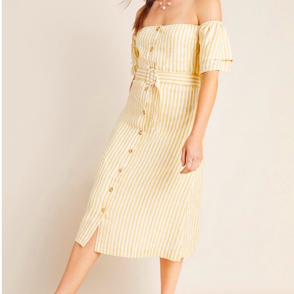 Anthro First Monday Off Shoulder Linen Yellow White Stripe Button